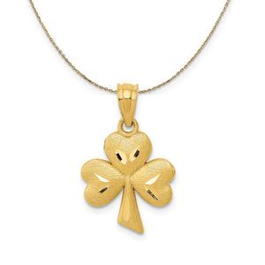 14k Yellow Gold Satin & Diamond Cut Shamrock Necklace - 20 Inch
